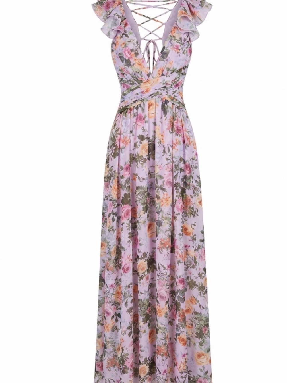 SHEIN Lavender Floral Lace-Up Ruffle Maxi Dress